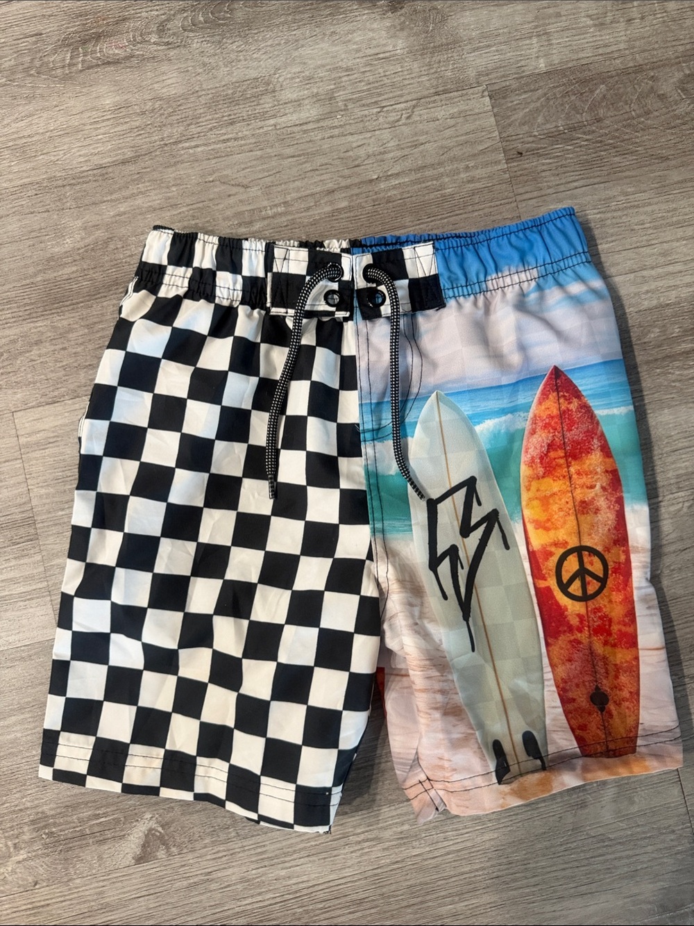 Checkerboard & Surfboard Kids Swim Shorts - Black/Multicolor